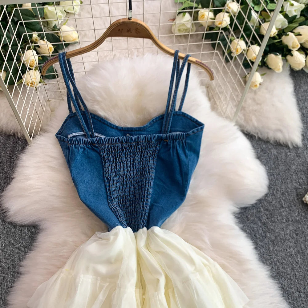 Fashion Denim Mesh Splicing Slip Dress Summer Women's High Waist Slimming A-line Beach Long Dresses Chic Cake Vestidos