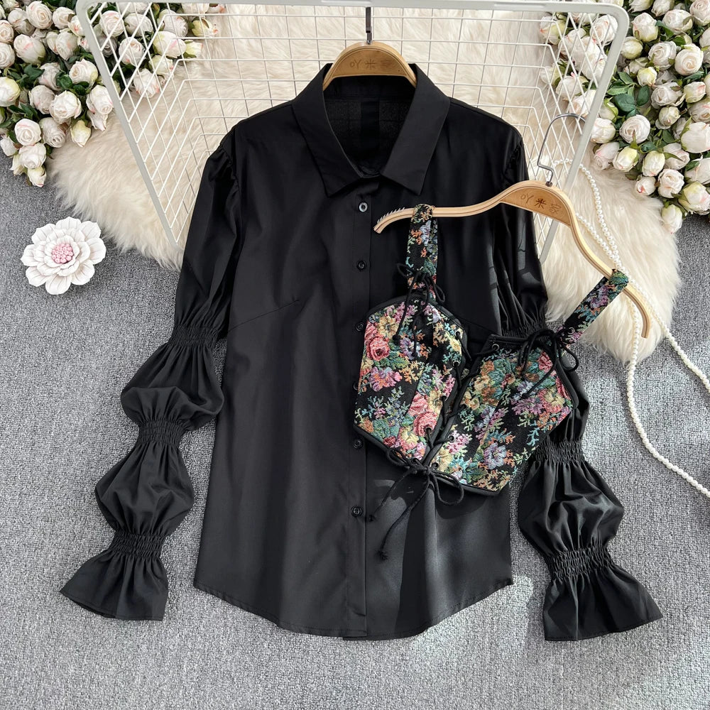 Loose Bubble Sve White irt Tank Top Set Korean Sle Commute Pure Color Long Sve  Collar Button Detail Regular Le...