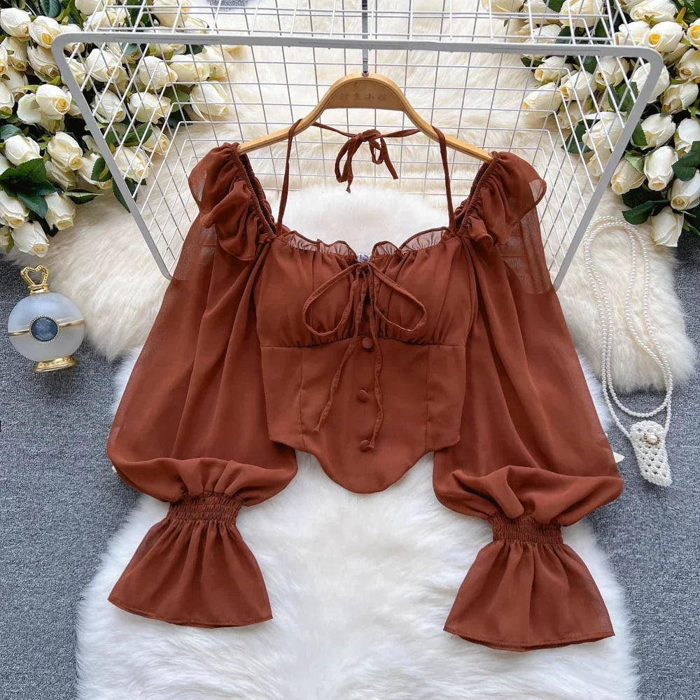 Y2k Flare Sleeve Women Tops Ruffle Solid Elastic Waist Halter Backless Chiffon Slim Ladies Harajuku Sexy Short Blouse