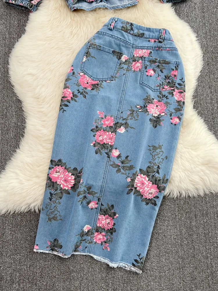 Women 2 Piece Set Denim Fashion Female Hot Girl Chic Sexy Sling Top High Waist Irregular Split Skirt Summer Lady Suit