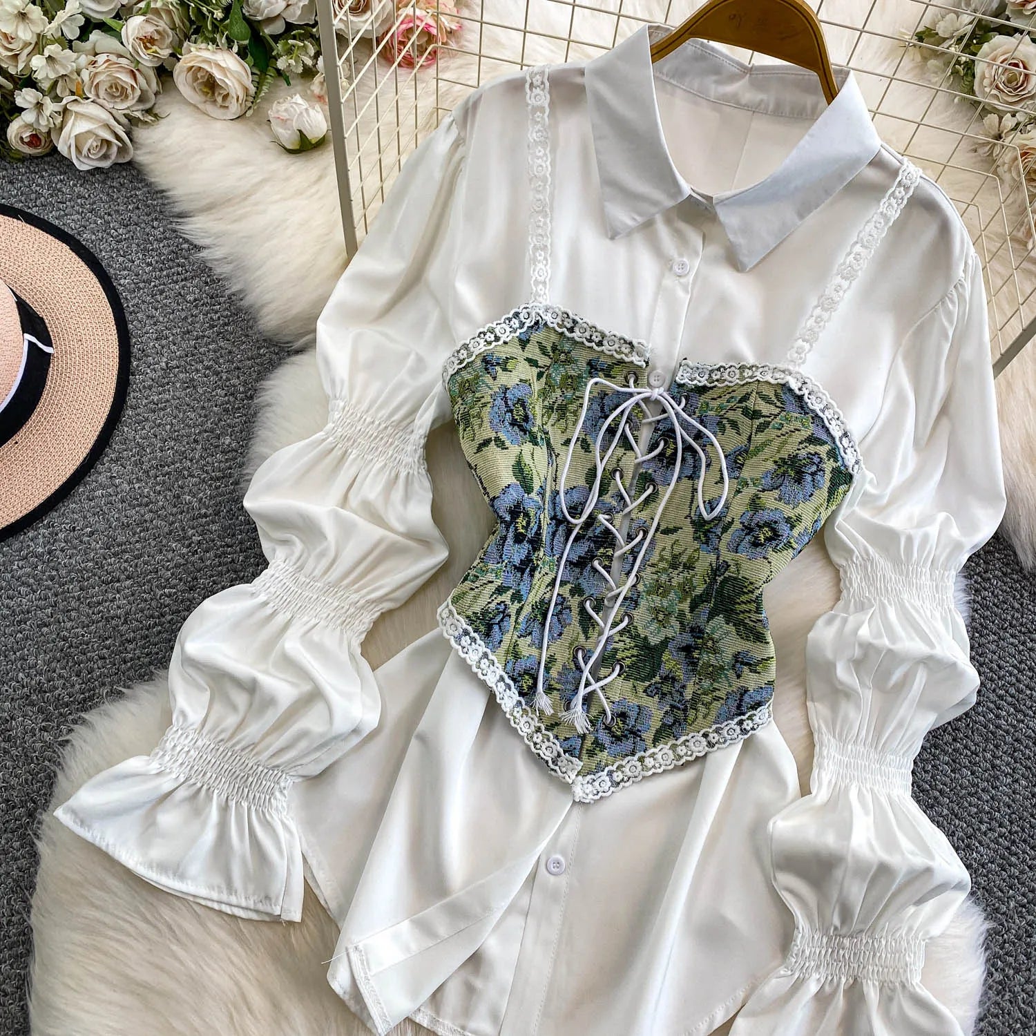 Retro Lace Patchwork Bell Sve irt Set Sweet Sle Slimming Waist Design Strap Top Versatile Long Sve Printed Casual Wear