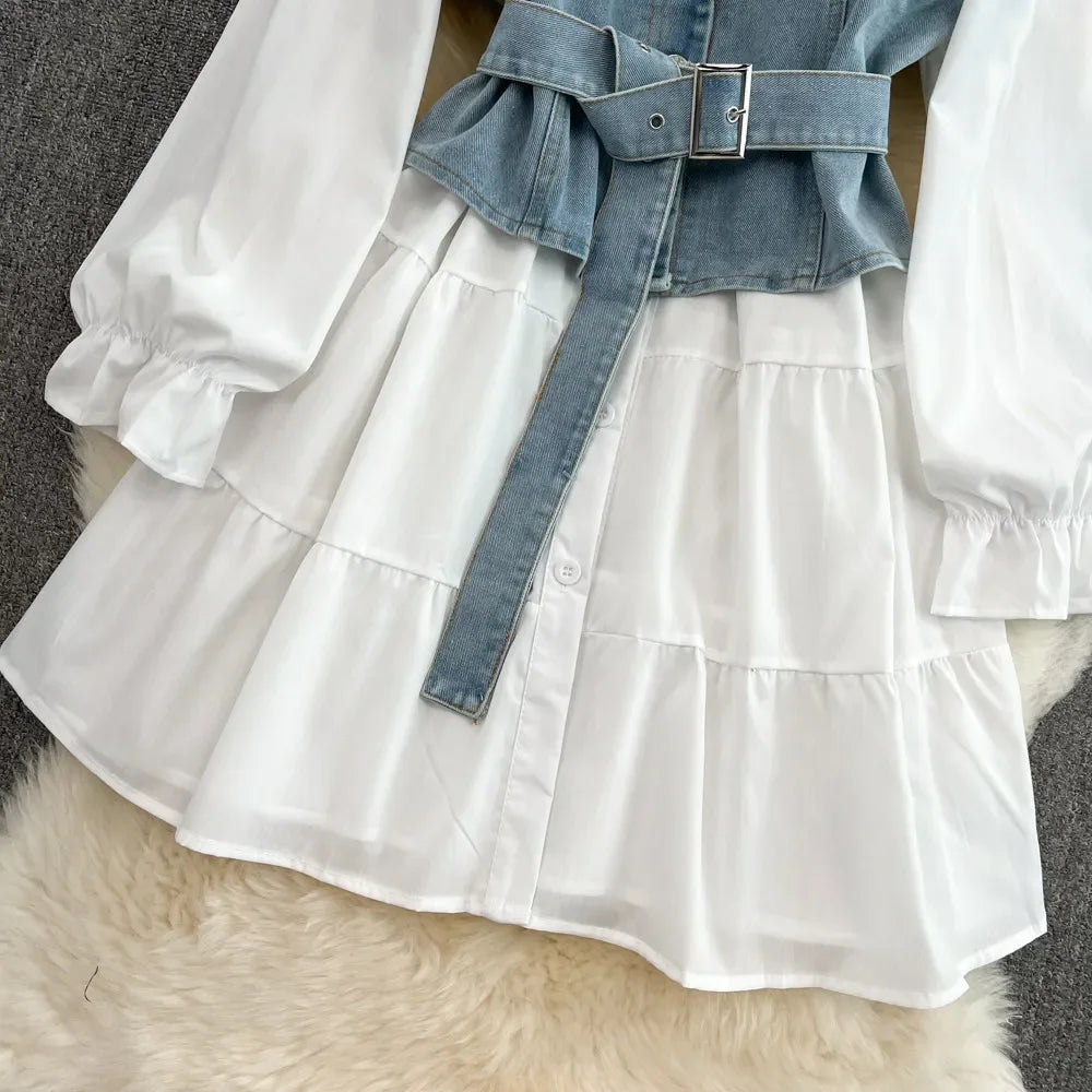 Two-piece Set White Shirt + Denim Vest Autumn 2024 Retro Long Sleeved Single Breasted Shirt Dress