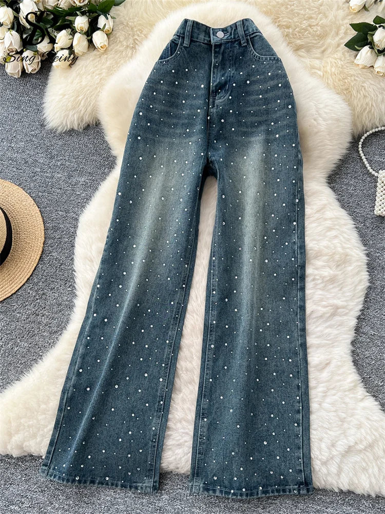 SINGREINY American Retro Diamonds Jeans Female High Waist Pockets Zipper Wide Legs Trousers Streetwear Loose Denim Long Pants