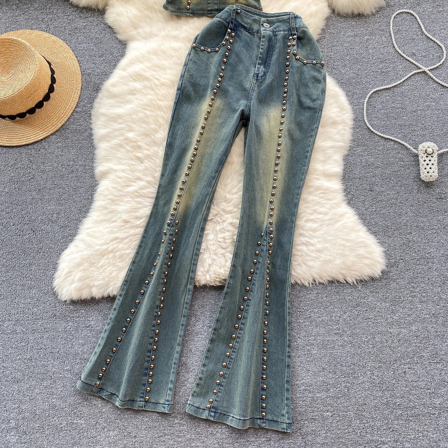 Women Denim 2 Piece Sets Jeans Flare Pants Strapless Top Sleeveless Boot Cut Trousers Outfits Embroidered Flares Summer Suit