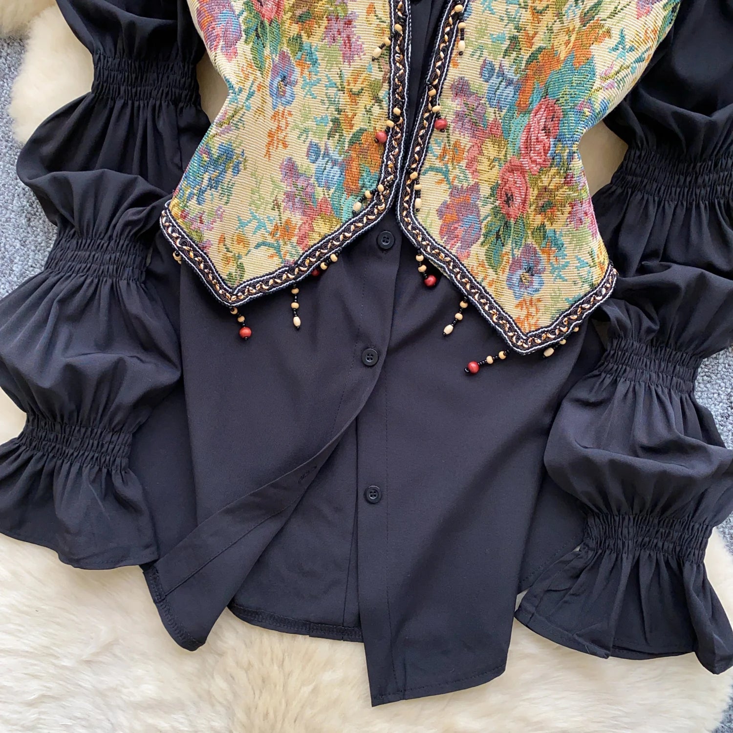 Neploe Lovely Korea Chic Court Women Clothing Minority French Style Puff Sleeve Shirts Tassel Jacquard Short Slim Casual Blusas