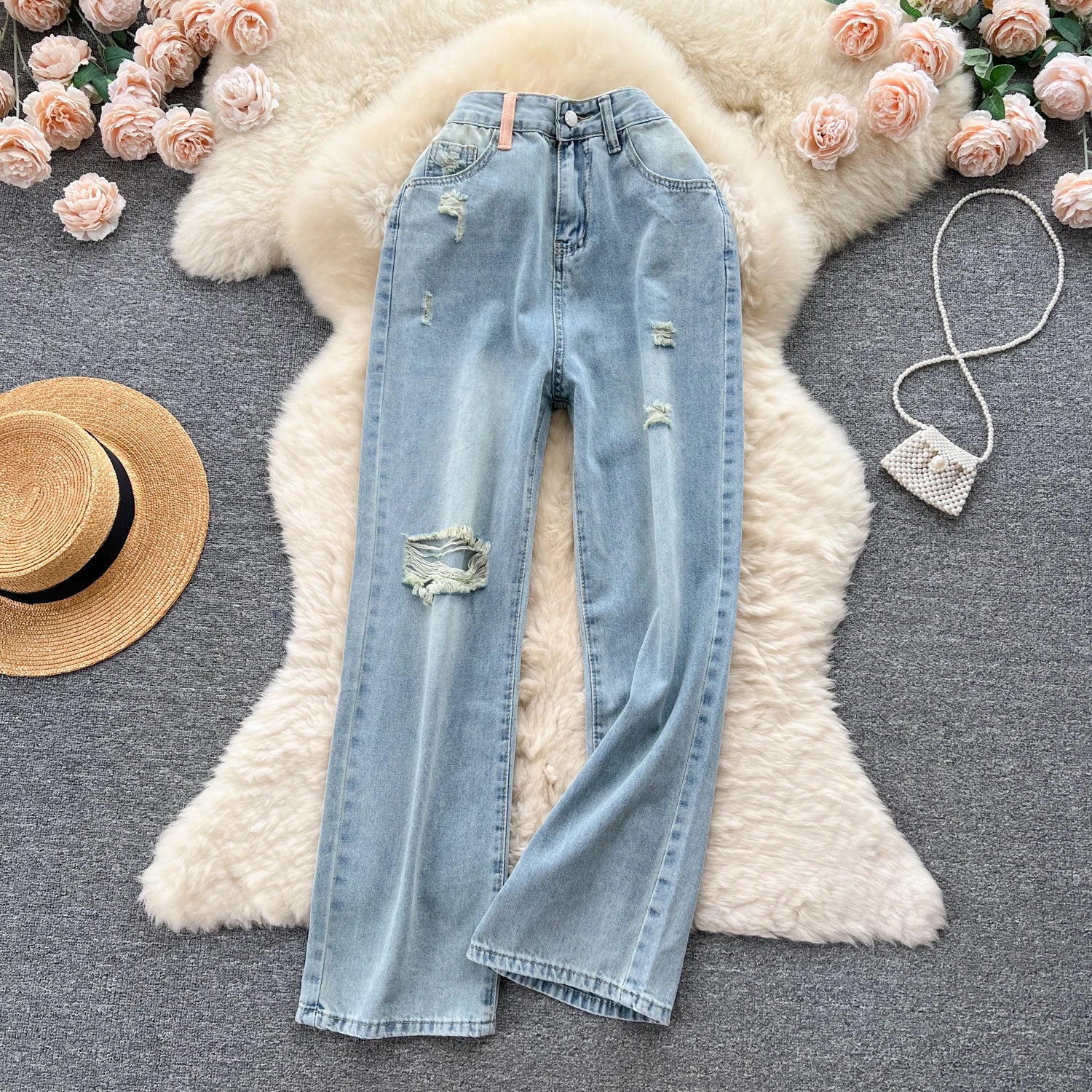 Hole Jeans Wide Leg Pants Women 2025 Streetwear Floor Length High Waist Washed Distressed Pockets Vintage Ripped Denim Trousers