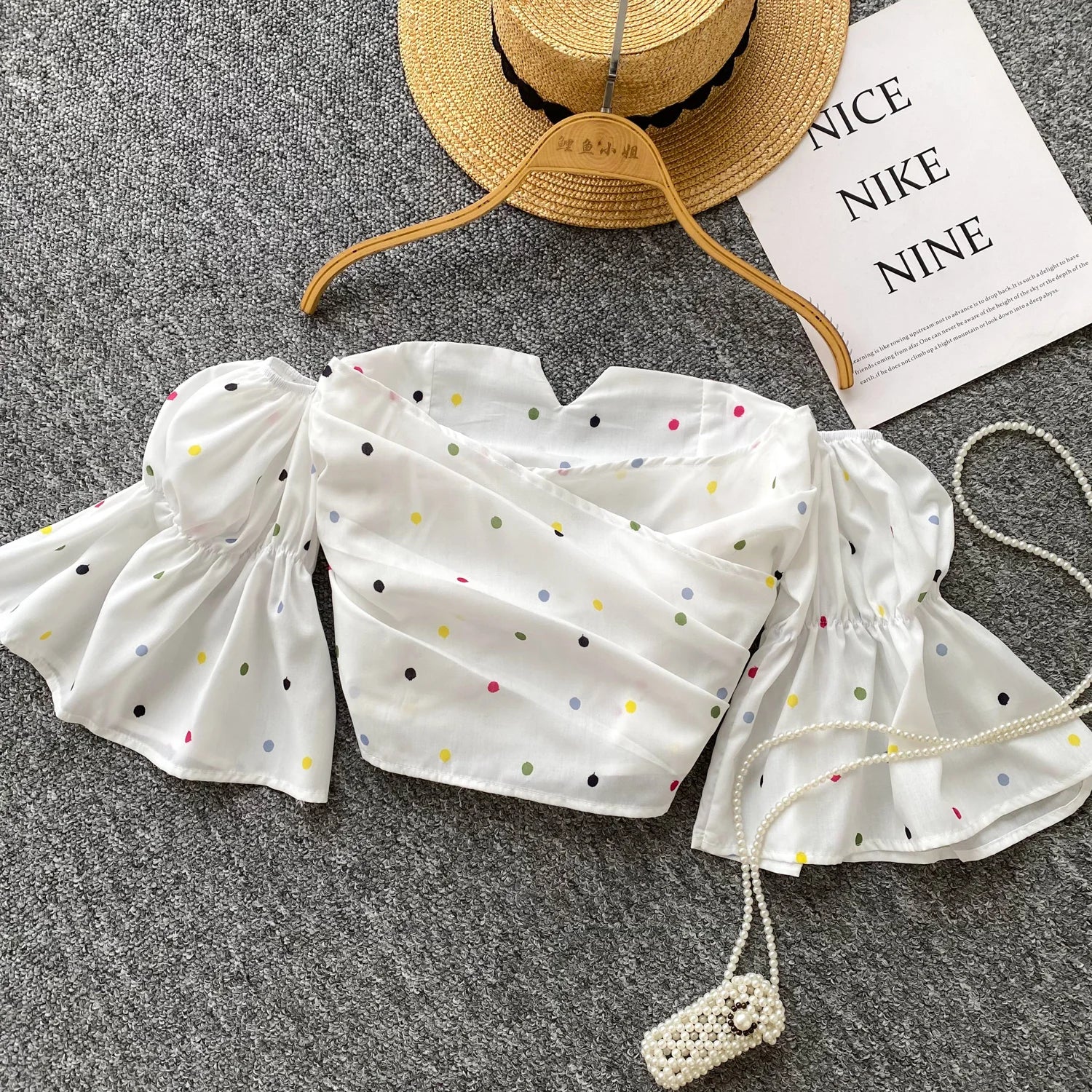 SINGREINY Hotsweet Strapless Chic Crop Tops 2025 Summer Flare Sleeves Ruched Shirts Fashion Slim Off Shoulder Polka Dot Blouses