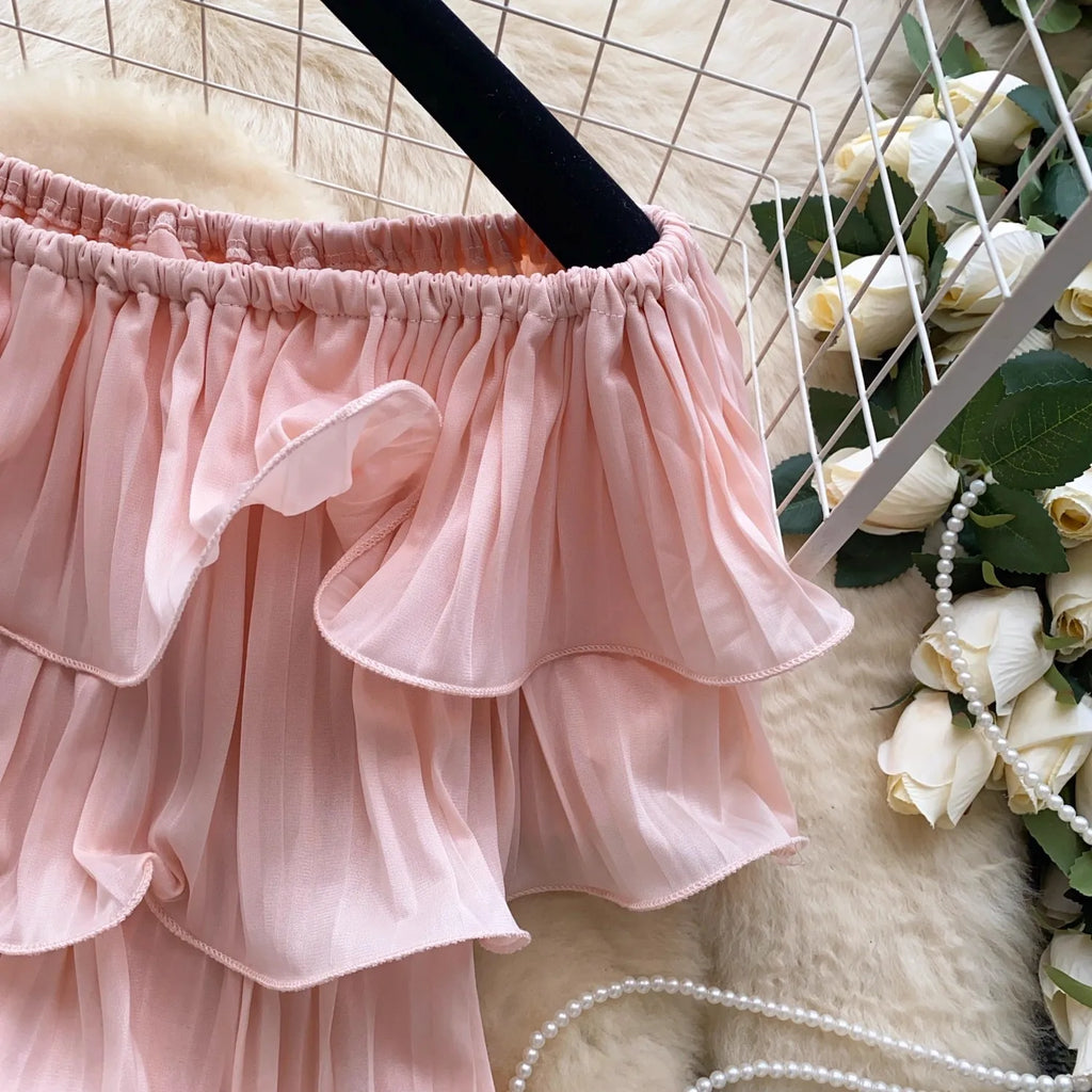 New Summer Sweet Chic Slash Neck Folded Ruffles Chiffon Shirt Women's Sexy Sleeveless Black White Short Blouses Pullover Tops