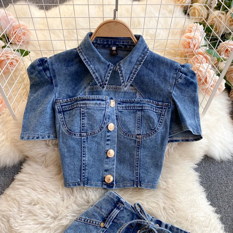American vintage denim two - piece sets for women feature polo collars, hollow - out tops, and high waistband bandage hot shorts. - MODE SEPHRA