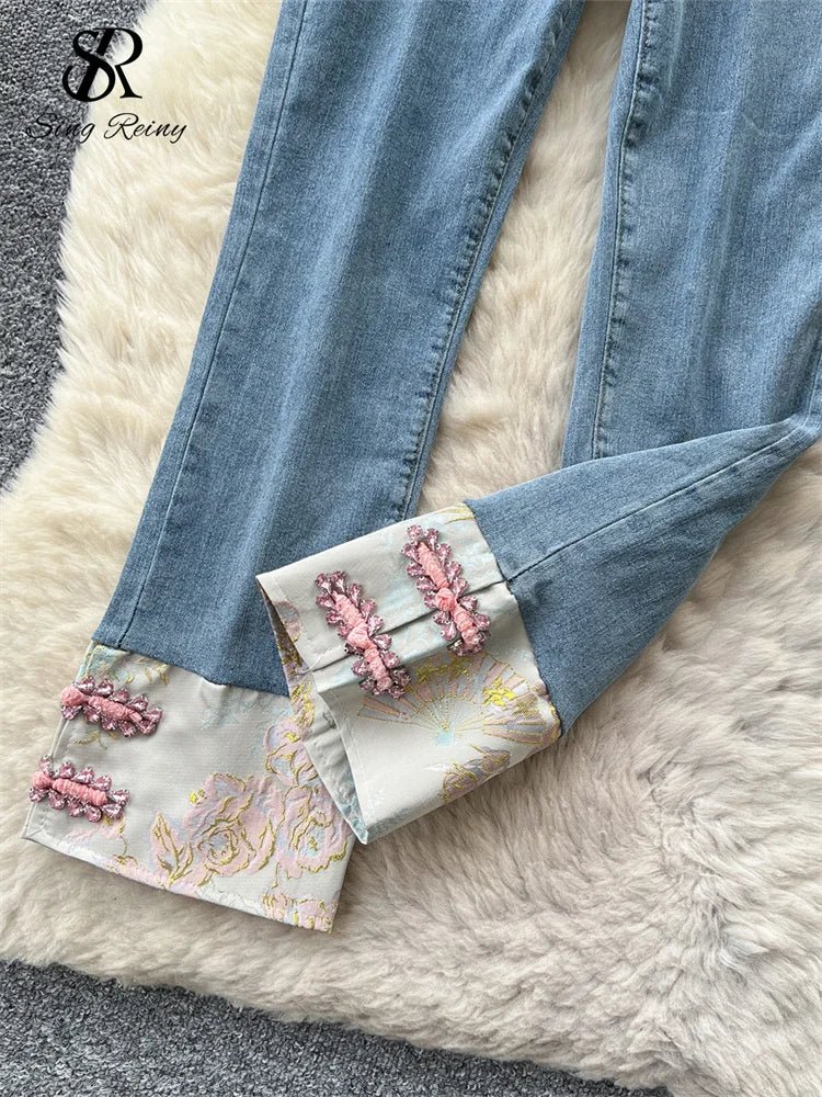 Vintage Hotsweet Denim Pants for women feature a high waist, zipper, diamonds splice, and jacquard design.