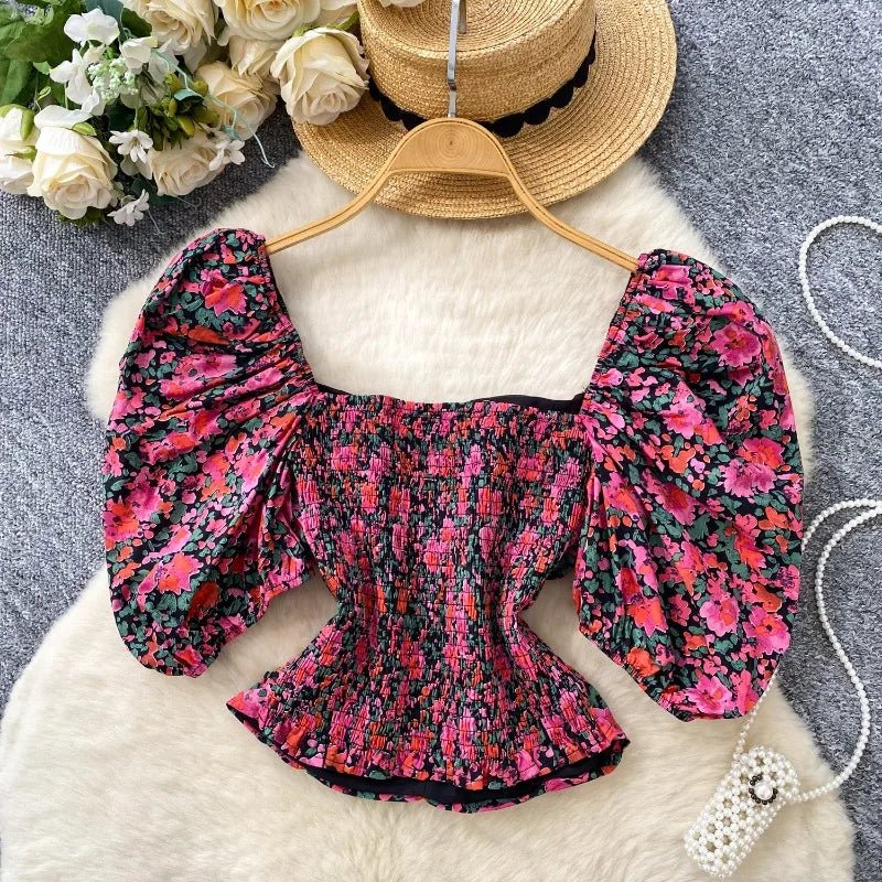 Blouses Fashion French Style Square Neck Bubble Sleeve Shirt Women Summer 2025 Pleated Waist Slim Fit Floral Top