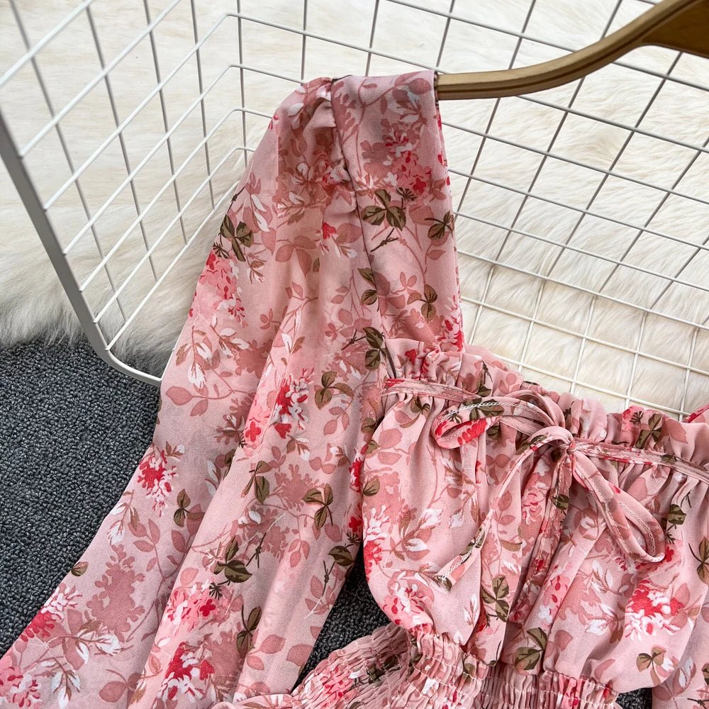 Women Spring Korean Version of The Retro Square Neck Puff Sleeve Lotus Leaf Floral Chiffon Short Blouse Tops Female D0749