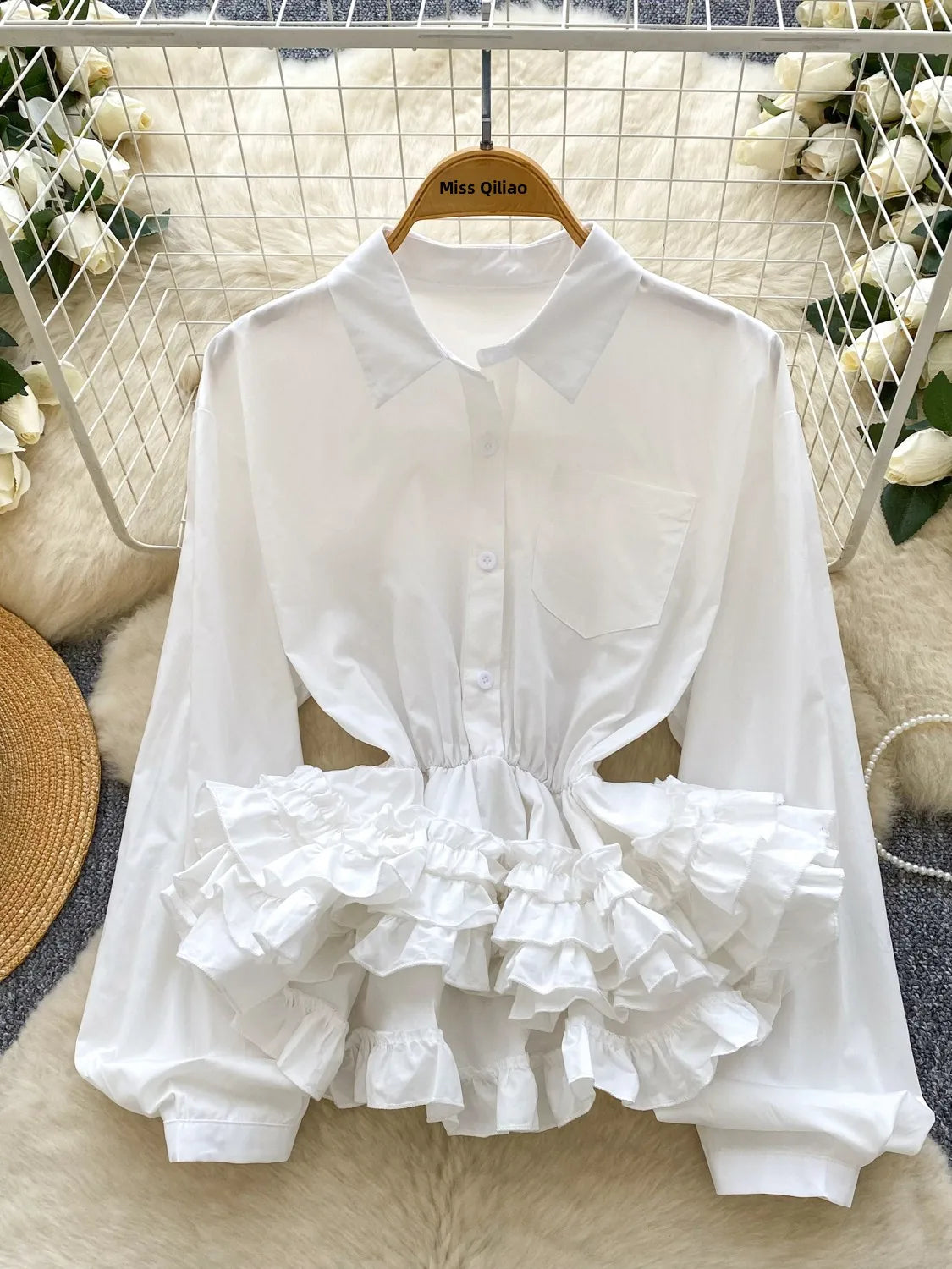 Ele Long Sve irt Women's Faionable Gathered Waist Lace Trim Top Luxury Sensation Spring Autumn Seasonal Lightweight