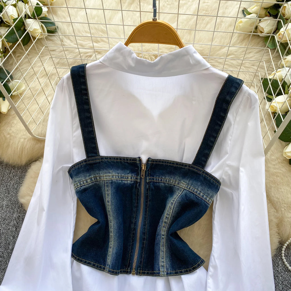 Spring Autumn Commute Sle Women's Faion Slimming Two-Piece Set High Waist Denim Belted Top Bot Ensemble Office Ready