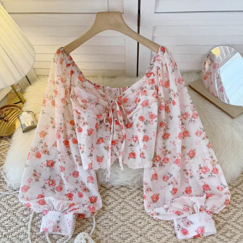 Chiffon Women Blouse New Arrival Bare Midriff Long Puff Sleeve Floral Print Lace Up Skinny Blusa Autumn Versatile Tops Dropship