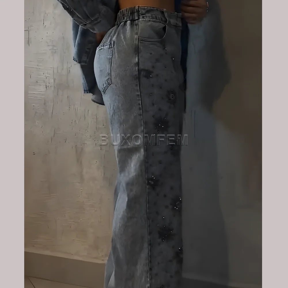 Ladies' Flower Bead Sparkling Straight Leg Jeans Drilled Wide Leg Jeans Outfit Stylish Loose Trousers Ladies Long Pants Bottoms
