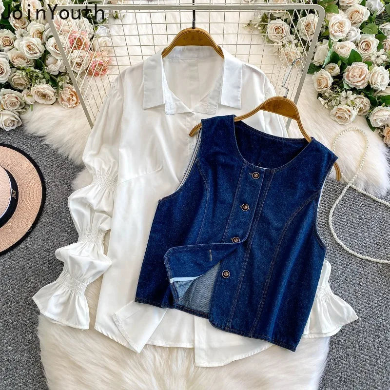 2 Piece Sets Women's Clothing 2025 Lantern Sleeve White Shirts Slim Fit Single-breasted Denim Vest Coat Suit Chic Casual Outfits