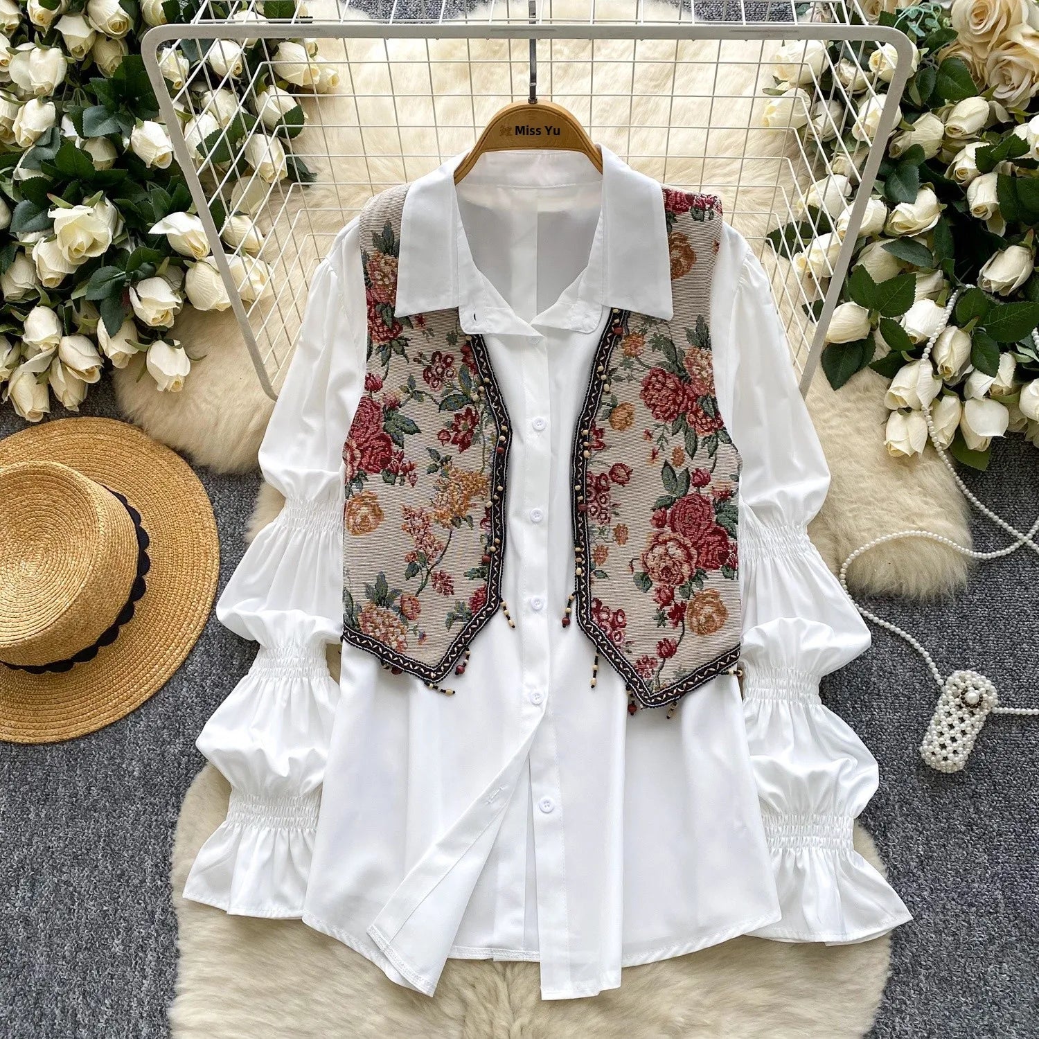 Retro Tassel Trim Embroidered Vest Loose Casual Bubble Sve irt Autumn Wear Two-Piece Set Women's Faion Casual Outfit