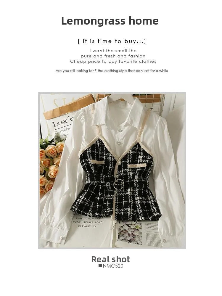 Retro Korean Style Patchwork Wide Stripe Woolen Fabric Fake Two-Piece Long Sleeve Shirt High Waist Belted Slim Fit Polo Collar