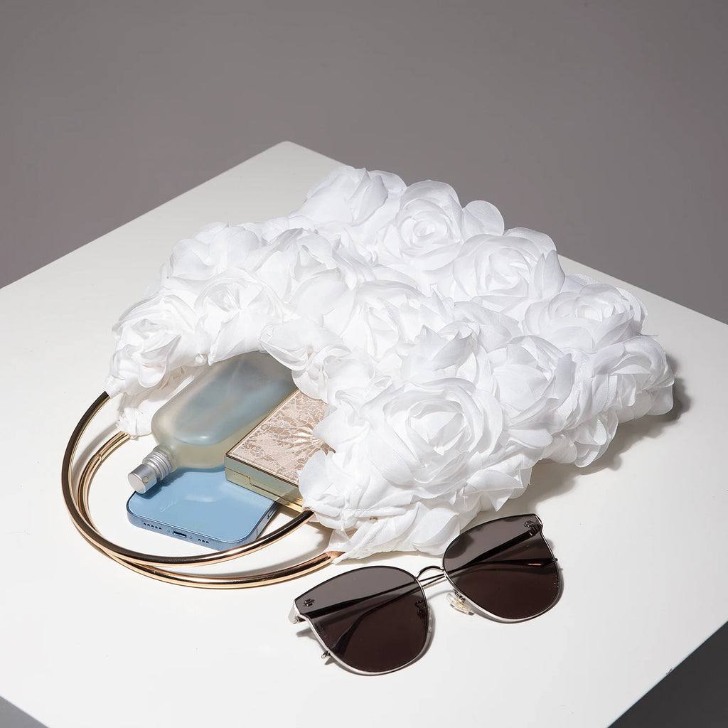 Ladies’ elegant tote bags, prom dresses, and party bags with random patterns.