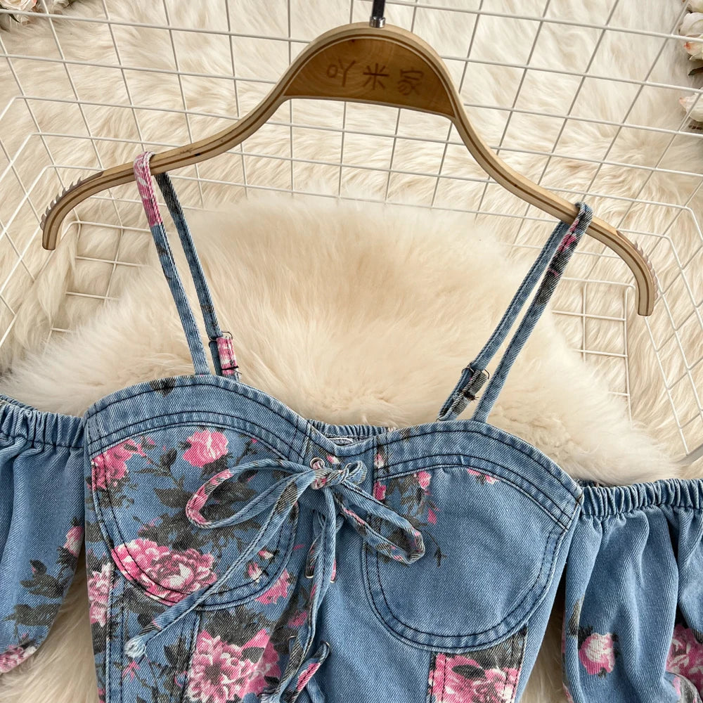 Women 2 Piece Set Denim Fashion Female Hot Girl Chic Sexy Sling Top High Waist Irregular Split Skirt Summer Lady Suit