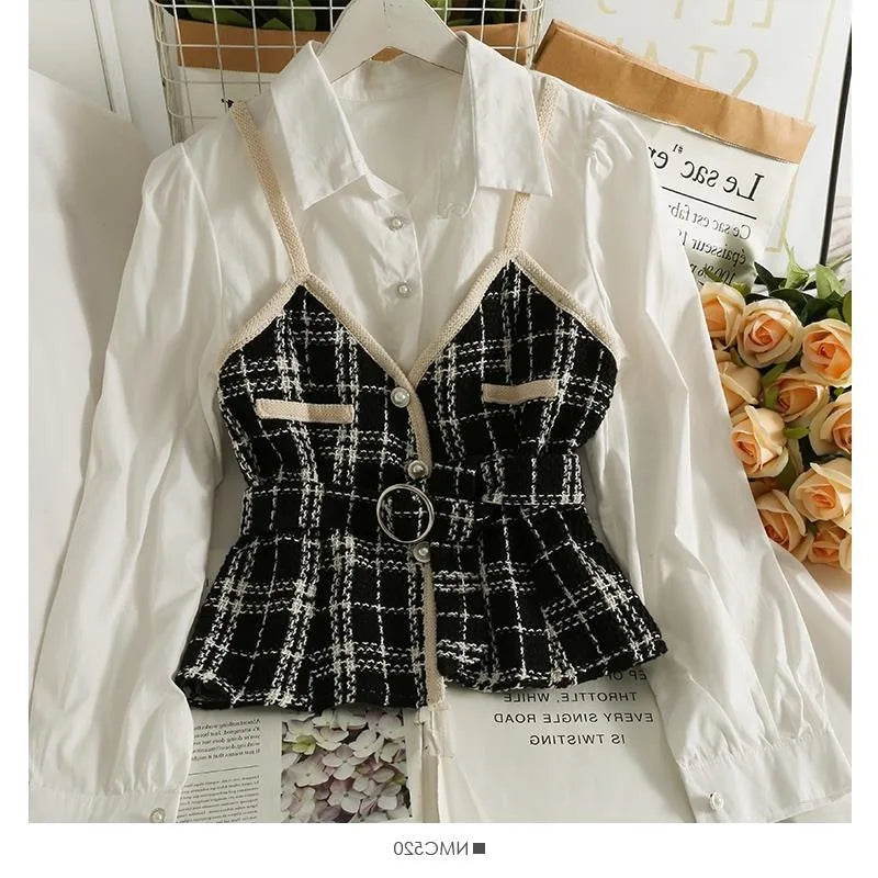 Retro Korean Style Patchwork Wide Stripe Woolen Fabric Fake Two-Piece Long Sleeve Shirt High Waist Belted Slim Fit Polo Collar