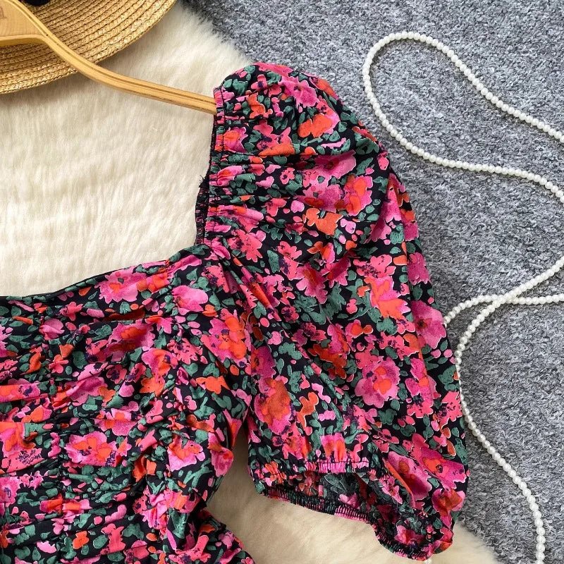 Blouses Fashion French Style Square Neck Bubble Sleeve Shirt Women Summer 2025 Pleated Waist Slim Fit Floral Top