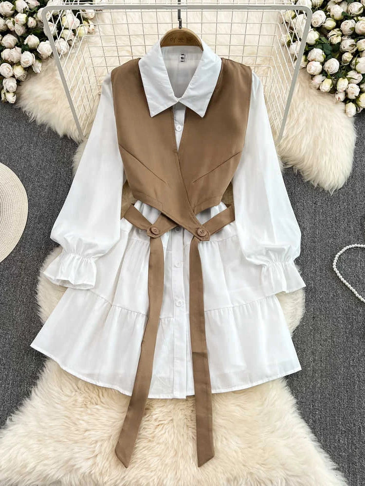 New Spring Autumn New Fashion Casual Suit Female Korean Loose White Shirt Dress Slim Vest Dress Two-piece Set GD786