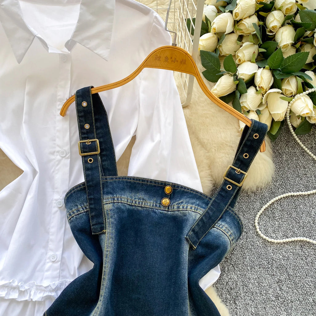 Spring Autumn Commute Sle Women's Faion Slimming Two-Piece Set High Waist Denim Belted Top Bot Ensemble Office Ready