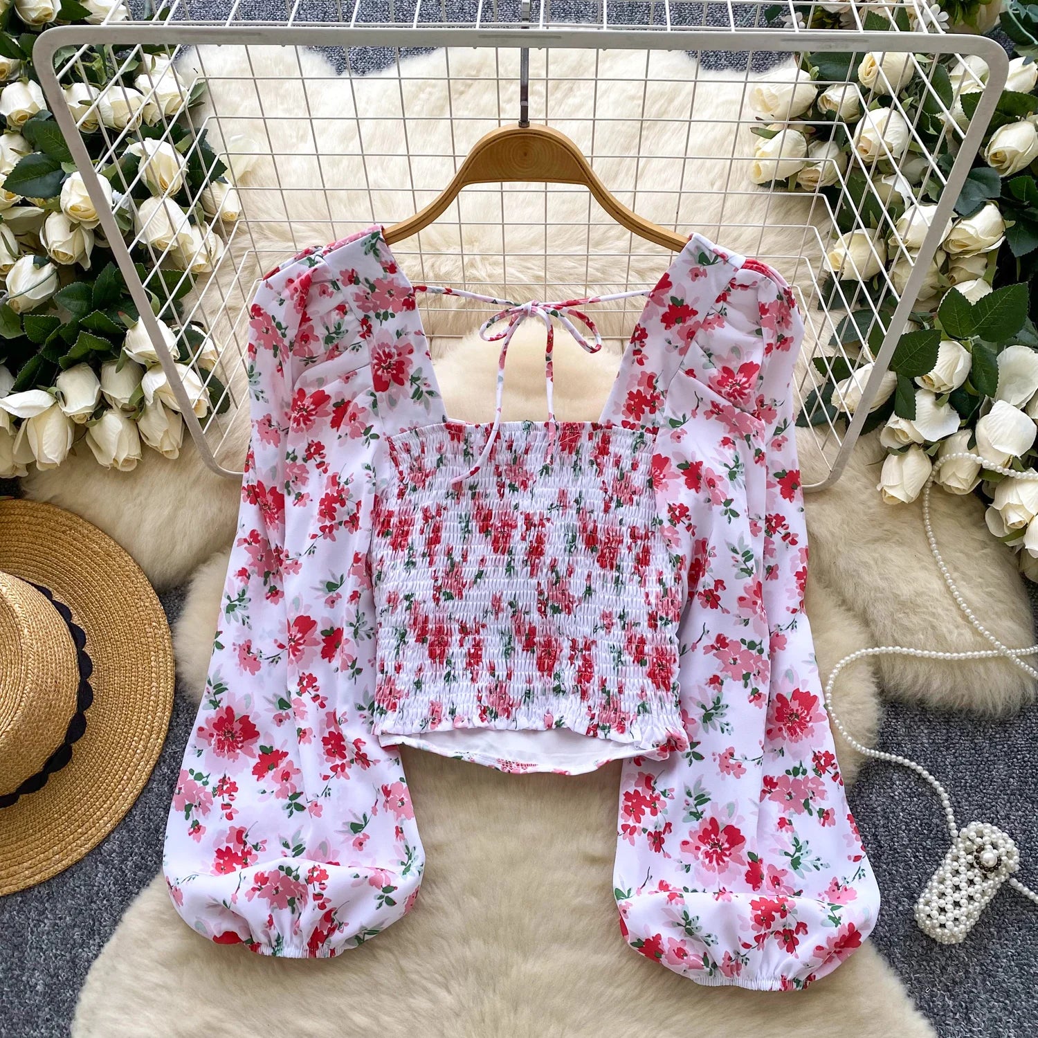 Ele Floral Print Bubble Sve Square Collar ort irt Women's Summer Tie Waist Retro Spicy Girl Beautiful Top Trendy - MODE SEPHRA