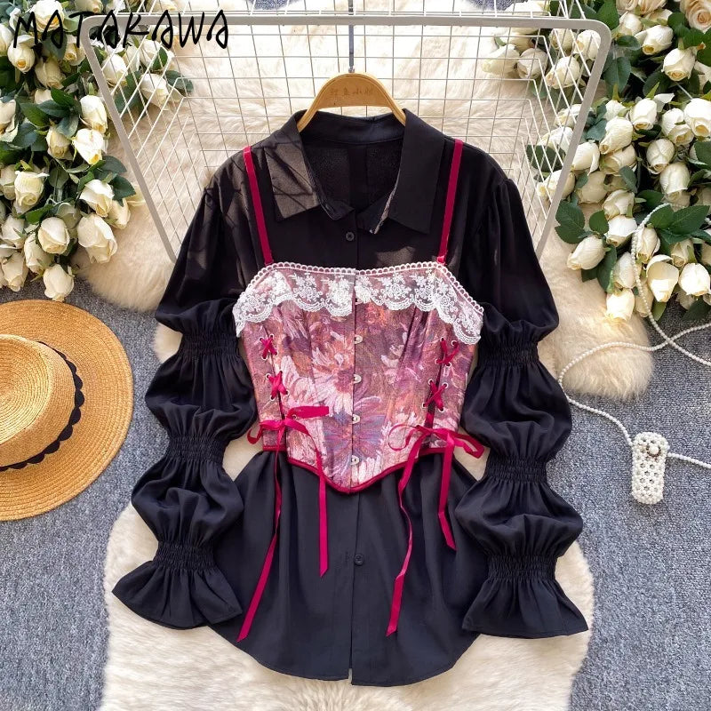 Matakawa 2 Pieces Women Shirts&blouses Print Floral Bandage Vintage Blusas Mujer Spring Autumn Korean Fashion Camisas