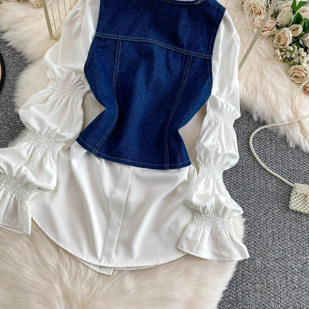 SuperAen Korean Style Office Lady Loose Lantern Sleeve Shirt Single-breasted V-neck Vest Denim Jacket Two-piece Sets