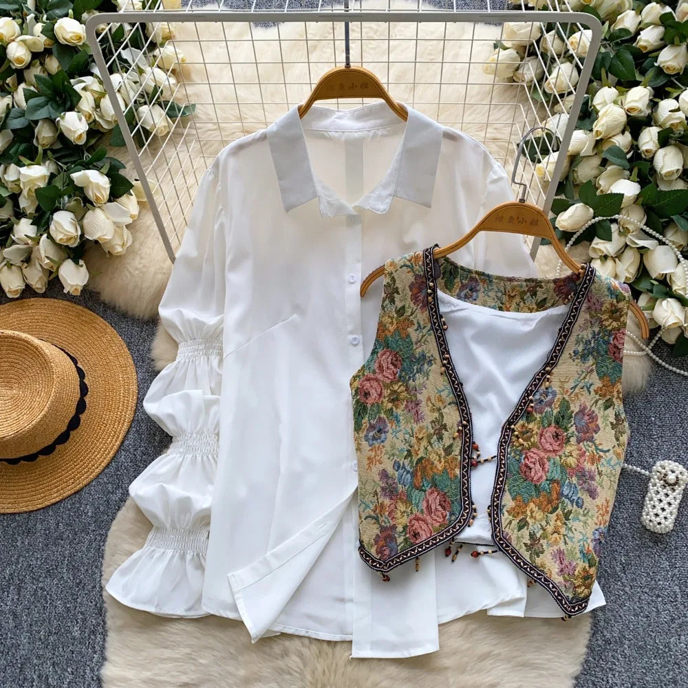 Neploe Lovely Korea Chic Court Women Clothing Minority French Style Puff Sleeve Shirts Tassel Jacquard Short Slim Casual Blusas