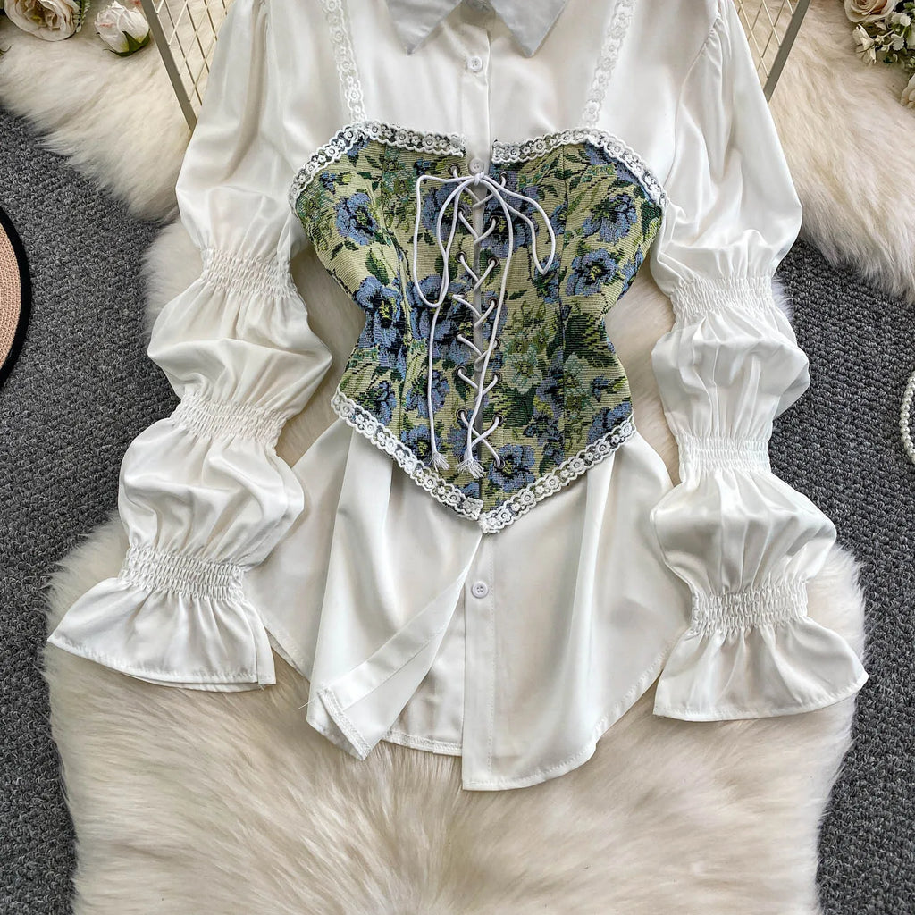 Retro Lace Patchwork Bell Sve irt Set Sweet Sle Slimming Waist Design Strap Top Versatile Long Sve Printed Casual Wear