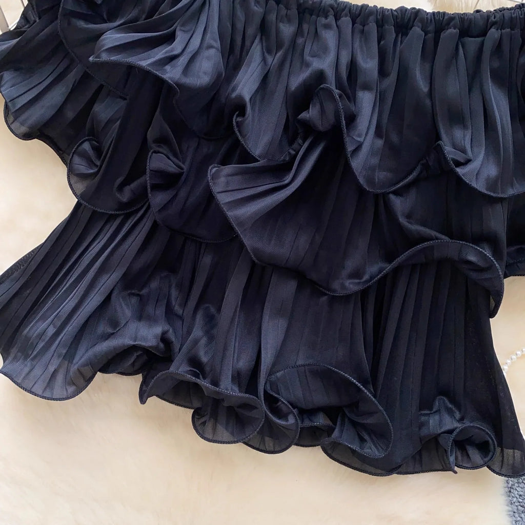 New Summer Sweet Chic Slash Neck Folded Ruffles Chiffon Shirt Women's Sexy Sleeveless Black White Short Blouses Pullover Tops