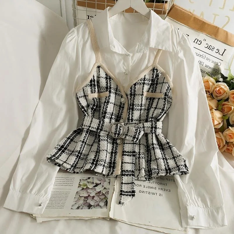 Retro Korean Style Patchwork Wide Stripe Woolen Fabric Fake Two-Piece Long Sleeve Shirt High Waist Belted Slim Fit Polo Collar