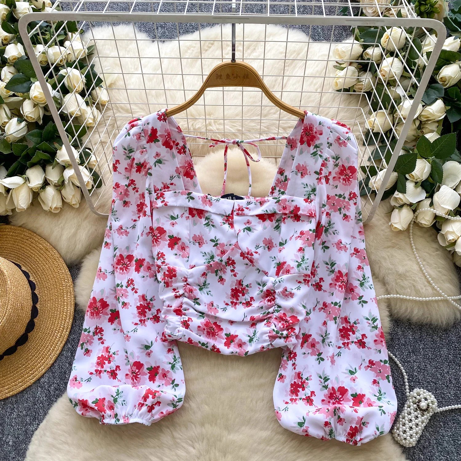 Ele Floral Print Bubble Sve Square Collar ort irt Women's Summer Tie Waist Retro Spicy Girl Beautiful Top Trendy