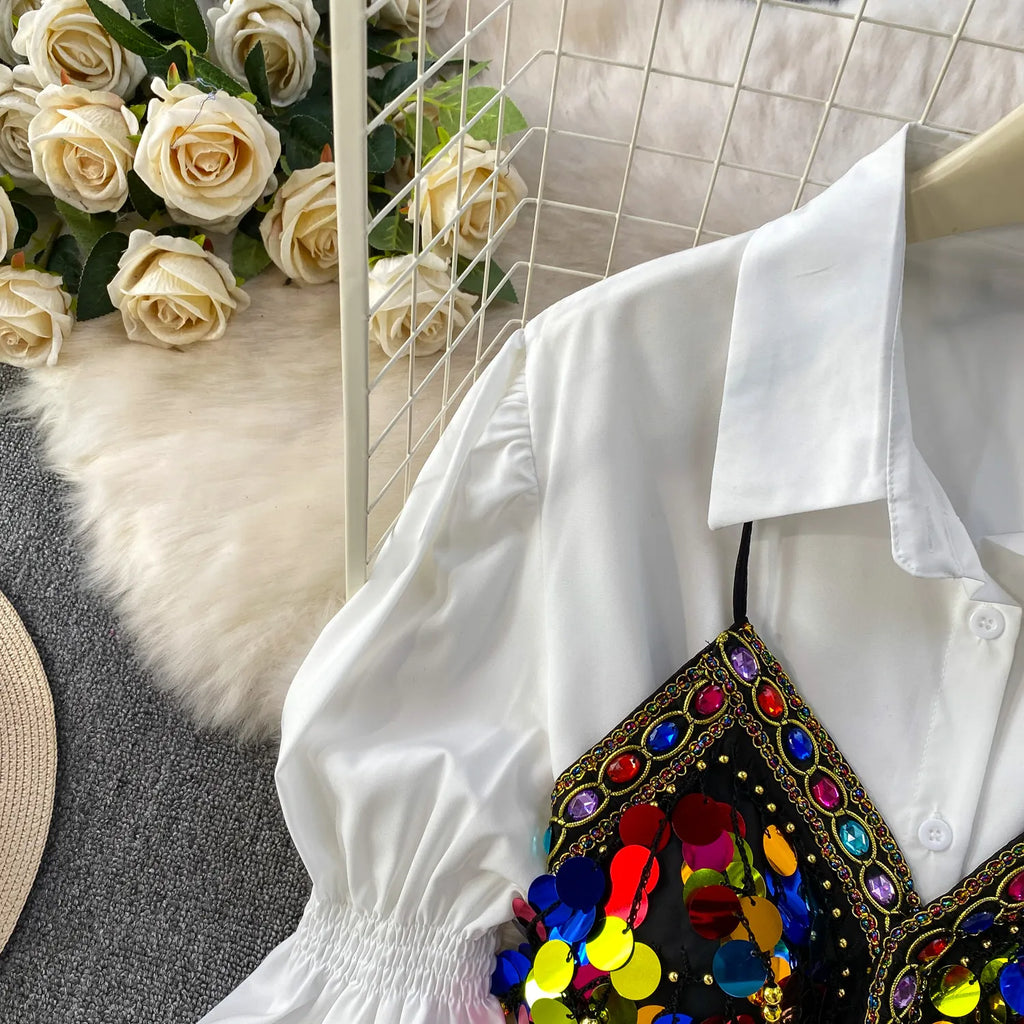 2 Piece Sets 2026 Women's Clothing Heavy Sequin Sking Vest Lantern Sleeve White Blouses Outfits Roupas Femme Chic Korean Suit