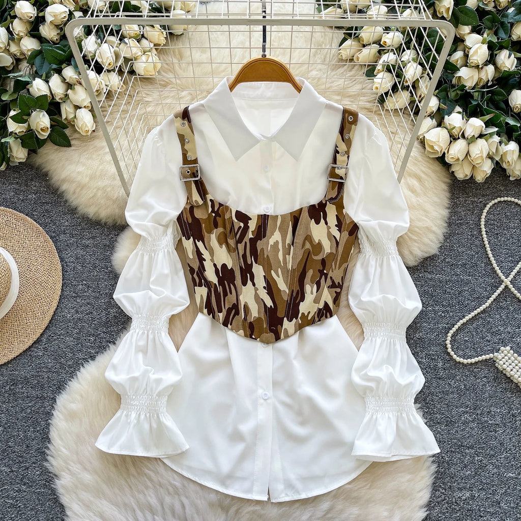 Retro Bubble Sve irt Waist Cinched Slimming Commute Set Women's Faion Spring Autumn New Sle High Waist Straight Cut