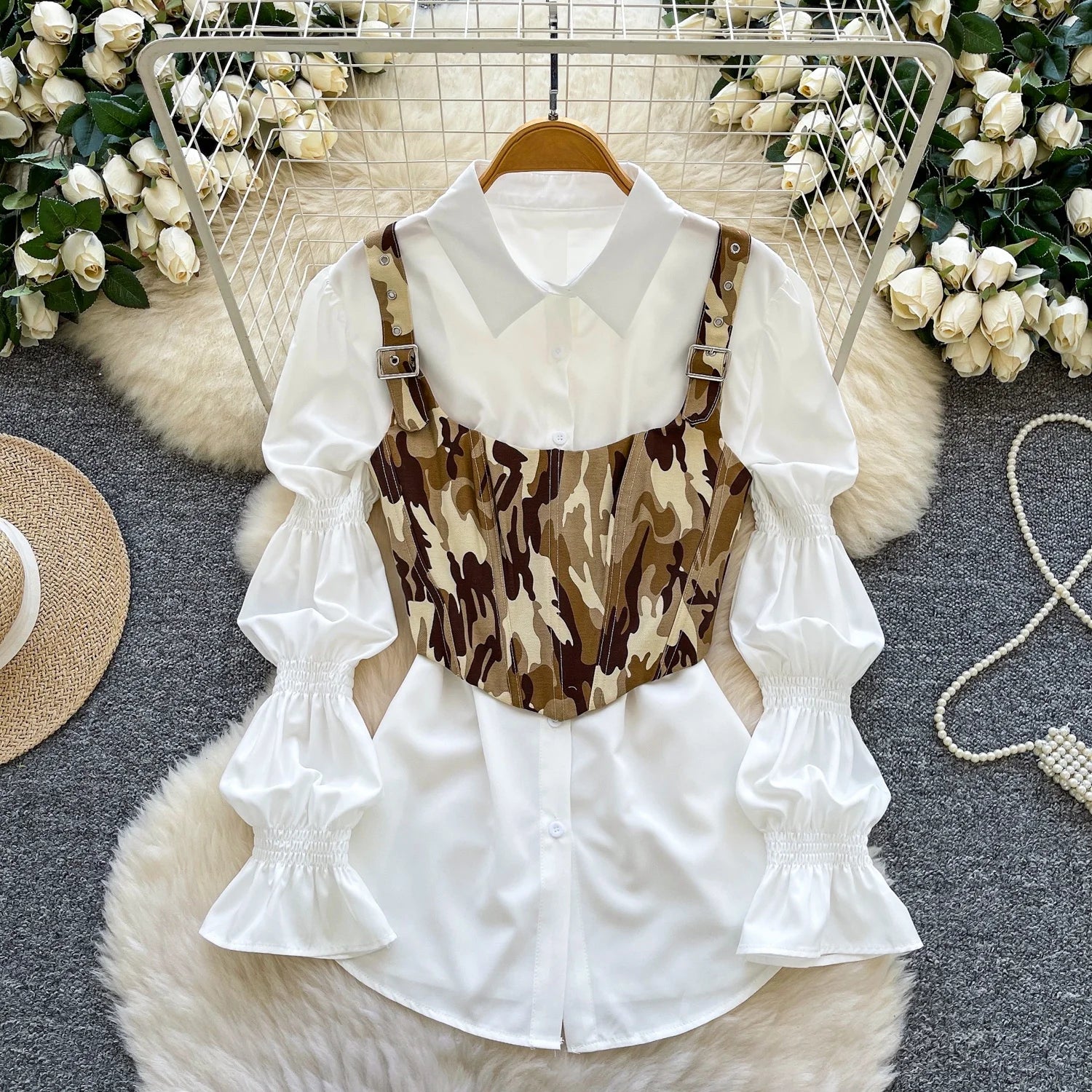 Retro Bubble Sve irt Waist Cinched Slimming Commute Set Women's Faion Spring Autumn New Sle High Waist Straight Cut