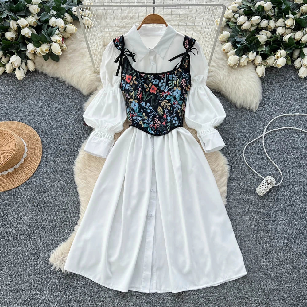 Women's Lantern Sve irt And Belted Vest Two-Piece Set Slimming Faion Autumn Wear Casual Commute Sle High Waist