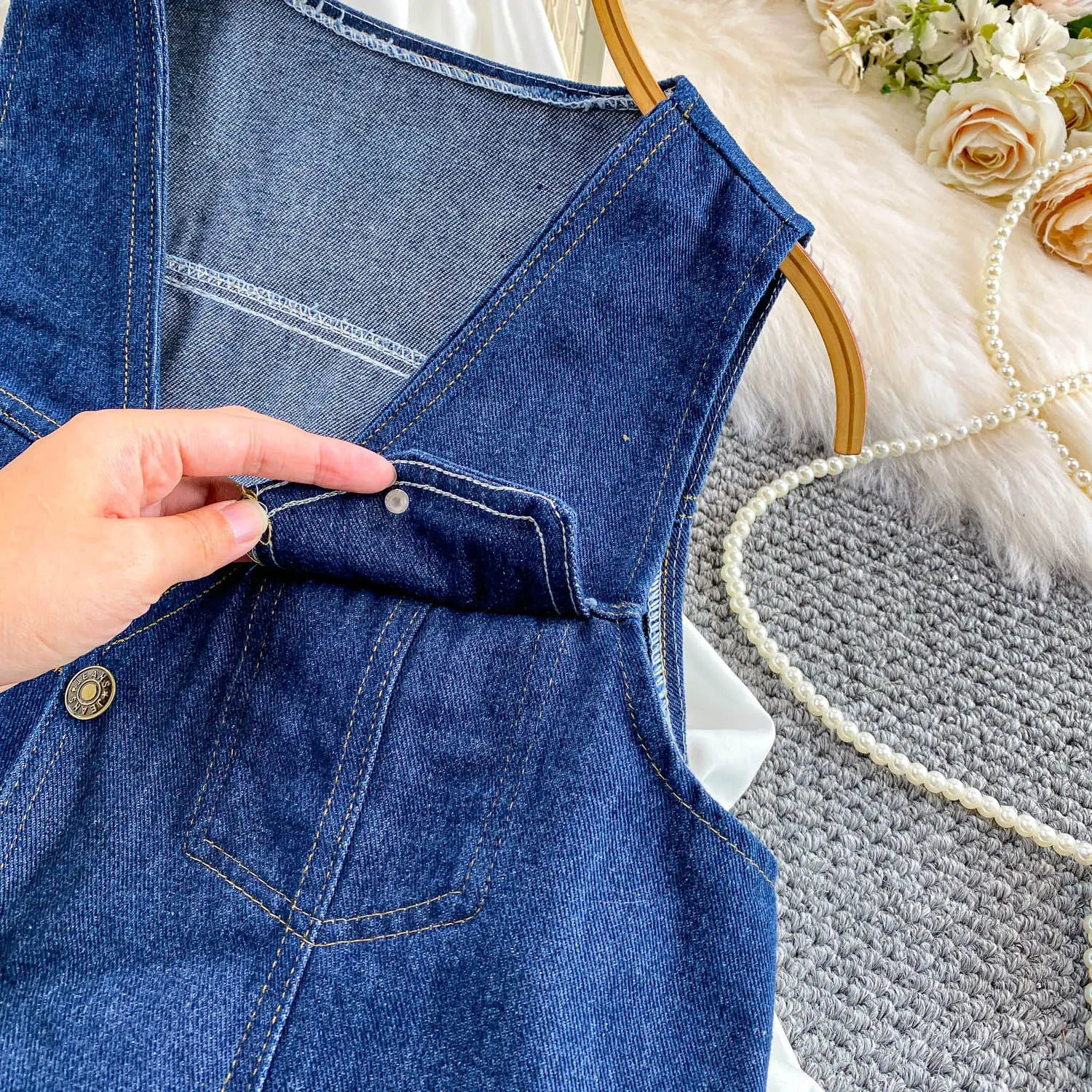 SuperAen Korean Style Office Lady Loose Lantern Sleeve Shirt Single-breasted V-neck Vest Denim Jacket Two-piece Sets