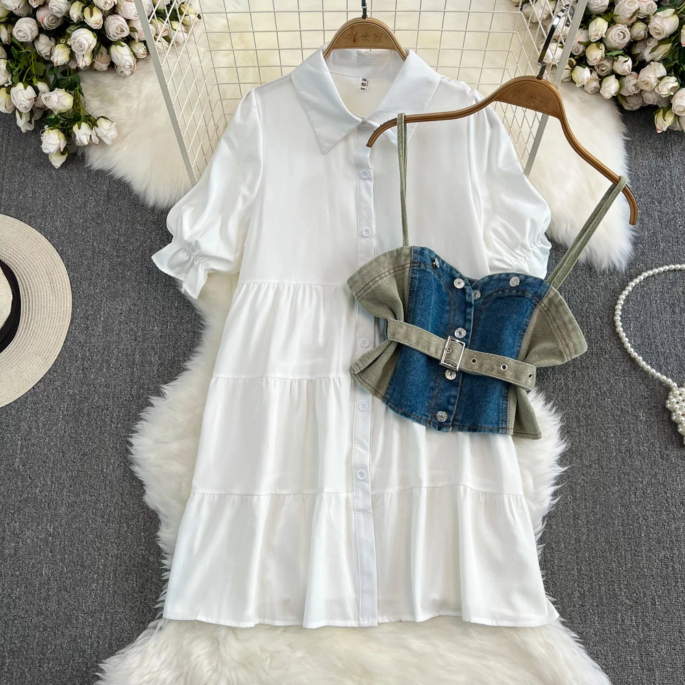 Summer Women's White Shirt Dresses Denim Vest Top Short Sleeve Turn Down Collar Single-breasted A-line Dress Two Piece Set