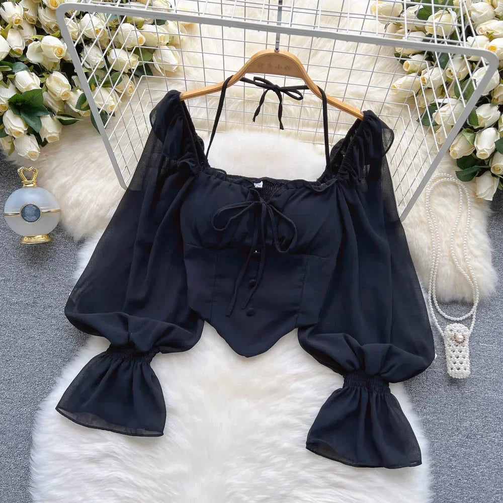 Y2k Flare Sleeve Women Tops Ruffle Solid Elastic Waist Halter Backless Chiffon Slim Ladies Harajuku Sexy Short Blouse
