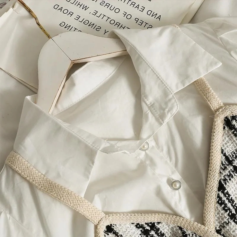 Retro Korean Style Patchwork Wide Stripe Woolen Fabric Fake Two-Piece Long Sleeve Shirt High Waist Belted Slim Fit Polo Collar