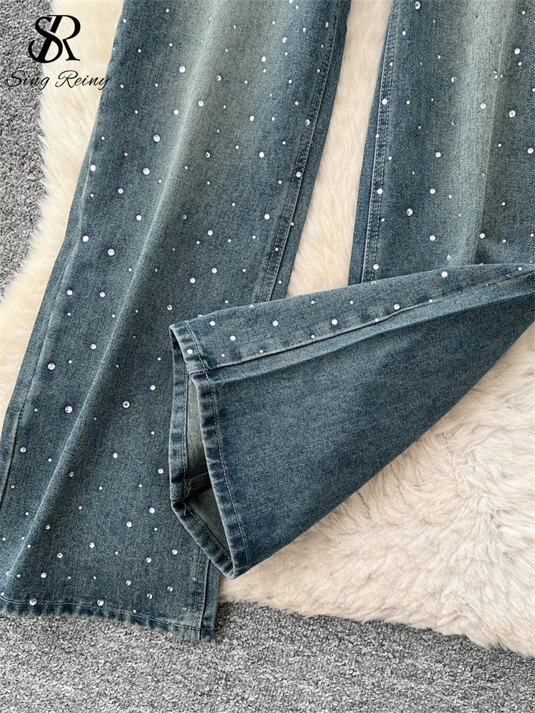 SINGREINY American Retro Diamonds Jeans Female High Waist Pockets Zipper Wide Legs Trousers Streetwear Loose Denim Long Pants