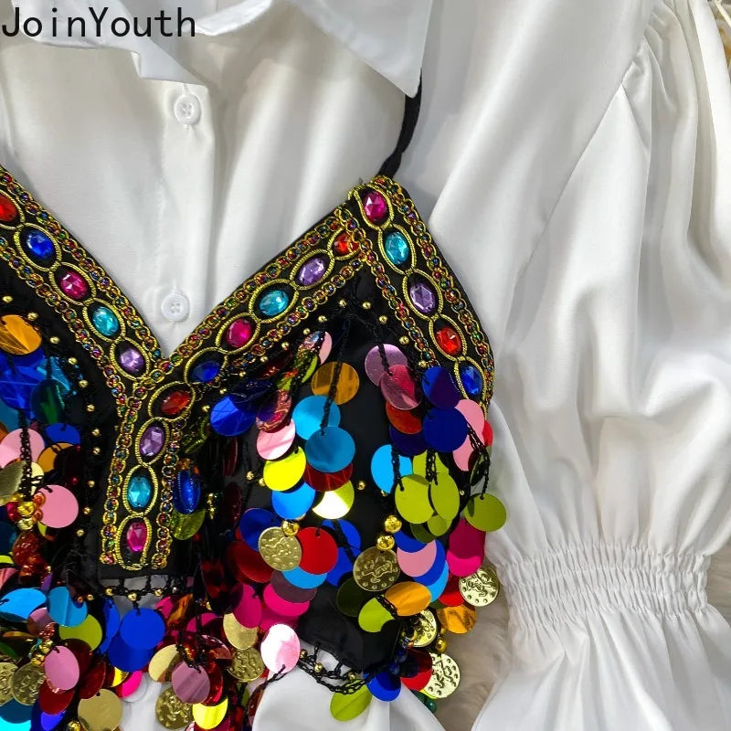 2 Piece Sets 2026 Women's Clothing Heavy Sequin Sking Vest Lantern Sleeve White Blouses Outfits Roupas Femme Chic Korean Suit