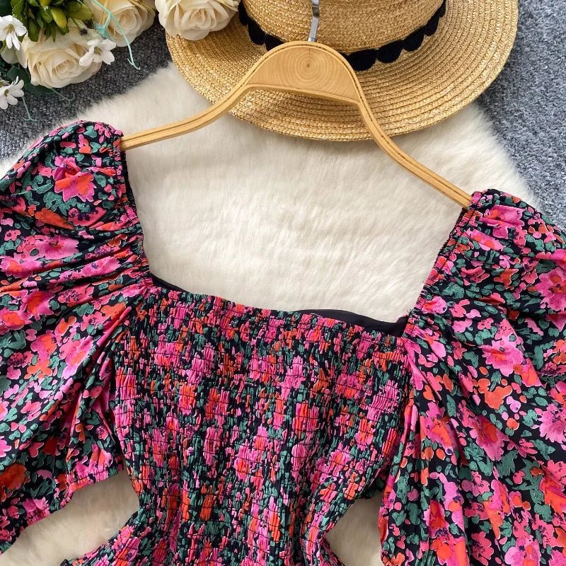 Blouses Fashion French Style Square Neck Bubble Sleeve Shirt Women Summer 2025 Pleated Waist Slim Fit Floral Top