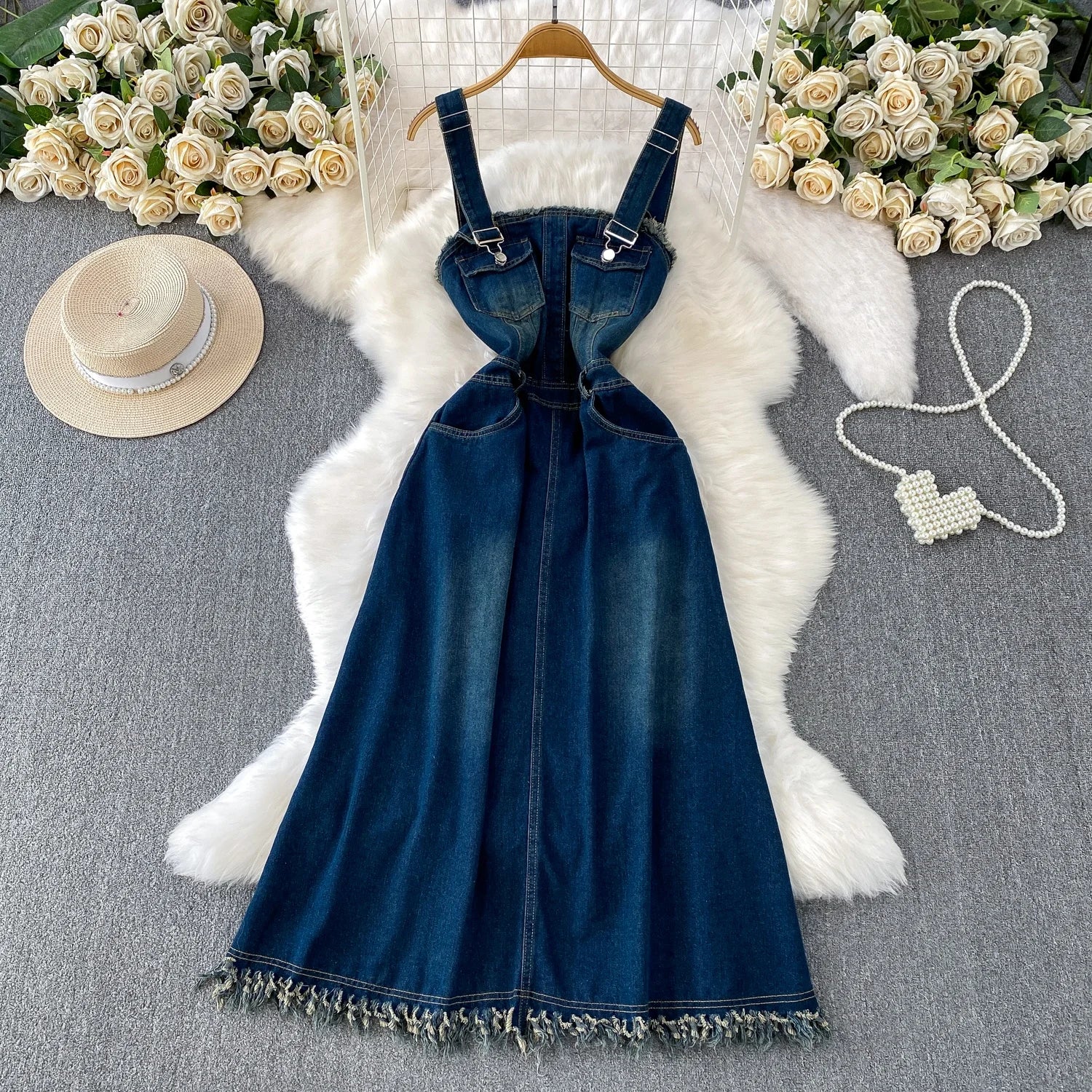 Hong Kong Sle Adjustable Strap Denim Dr Women's Autumn Winter Long Tassel Skirt High Waist A-Line Dr Casual Loose Fit