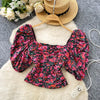 Blouses Fashion French Style Square Neck Bubble Sleeve Shirt Women Summer 2025 Pleated Waist Slim Fit Floral Top